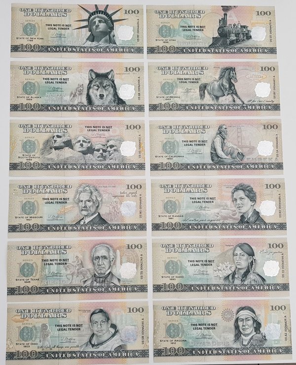 12 USA 100 $ Souvenirscheine Bundesstaaten 1 - 12